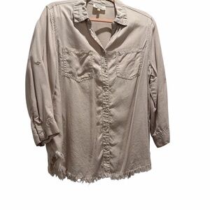 Beige Button-Up Shirt with Frayed Hem